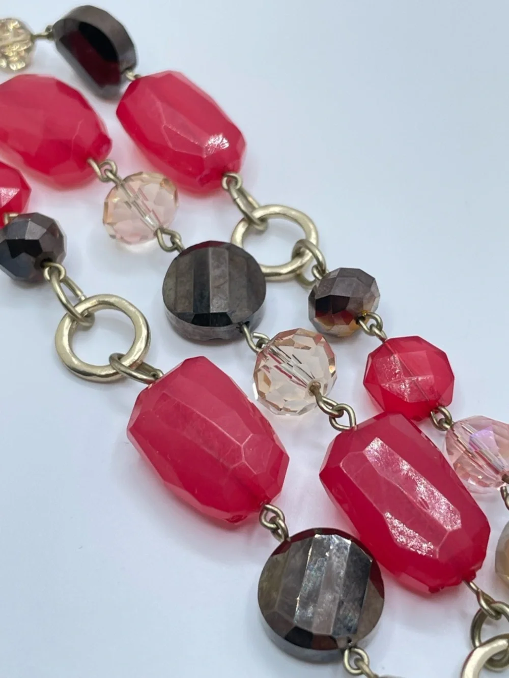 WHBM White House Black Market Pink Lucite Glass Bead Multi Strand Gold Bracelet
